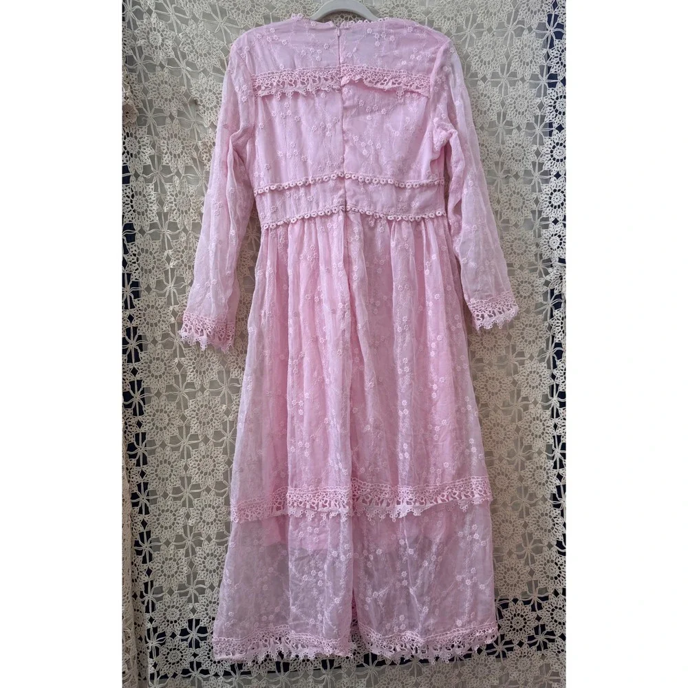 Pink Lace Tiered Coquette Midi ‎ Dress Long Sleeve Feminine Cottagecore Sz L
